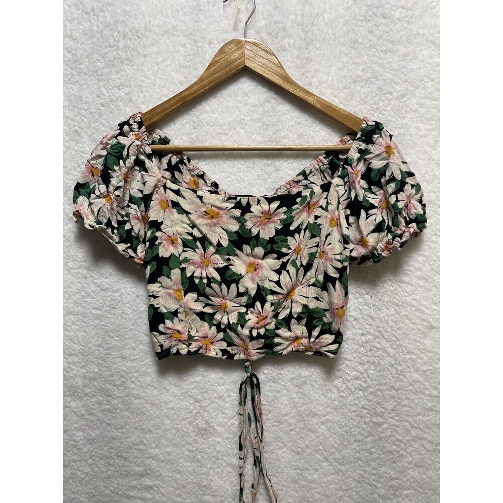 Angie Women's Floral Crop Top Size XS Puff‎ Sleeves Lace Up Feminine Boho Summer